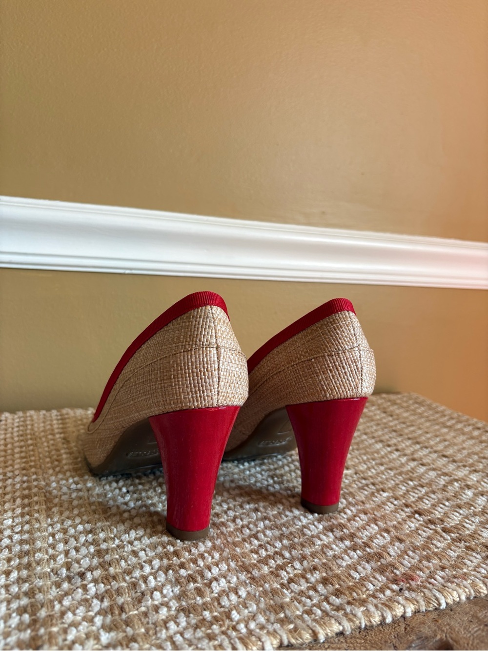 Aerosoles Beige and Red Peep-Toe High Heels with Bow Accents - Picture 3 of 5